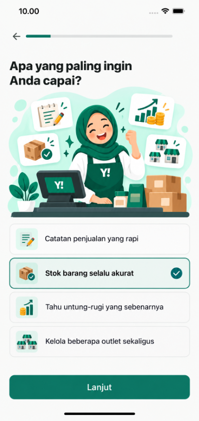 Layar onboarding YesLaku dengan pilihan tujuan usaha seperti penjualan, stok, laba rugi, dan multi outlet