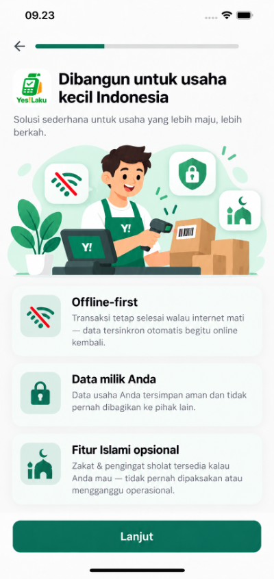 Layar onboarding YesLaku yang menjelaskan fitur offline-first, keamanan data, dan fitur Islami opsional