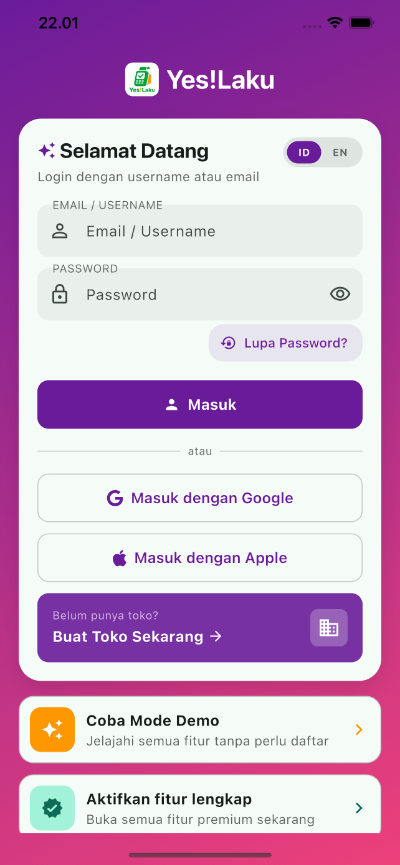 Layar login YesLaku dengan email, Google, Apple, Mode Demo, dan aktivasi fitur lengkap